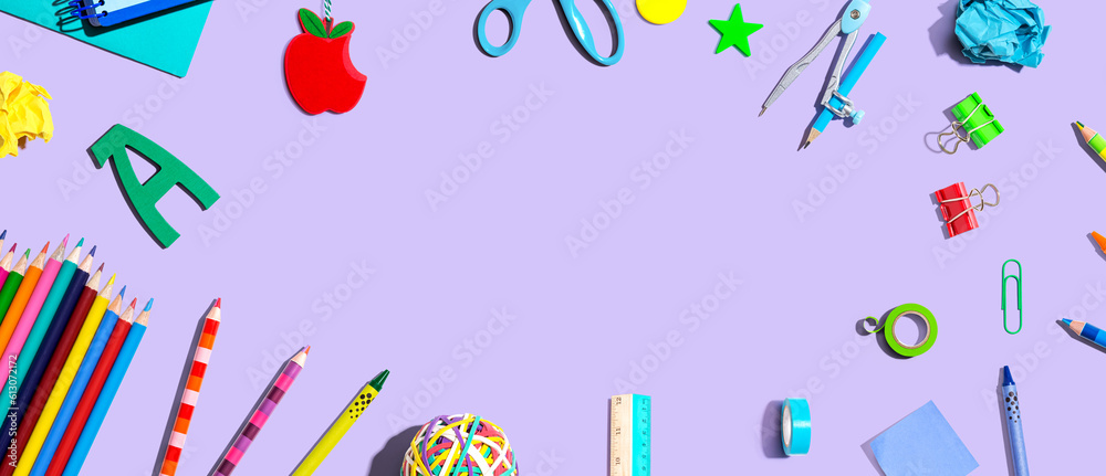 Collection of school supplies overhead view - flat lay