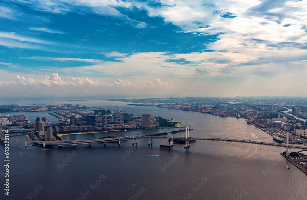 Aerial view of the Rainbow Bridge in Odaiba, Tokyo, Japan