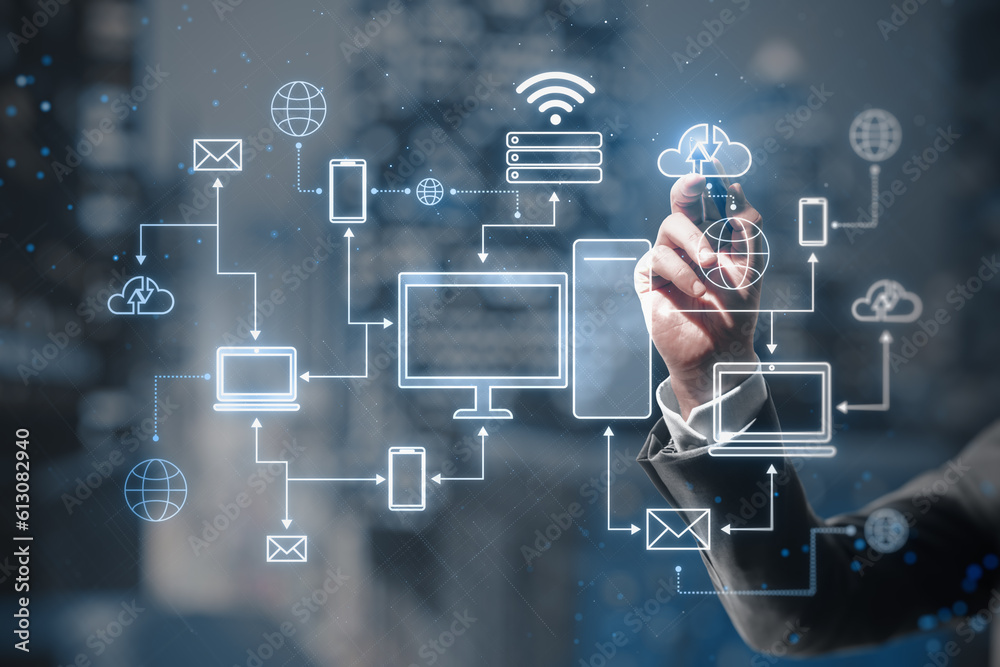 Cloud computing technologies concept with man hand using stilus on virtual touch screen with digital