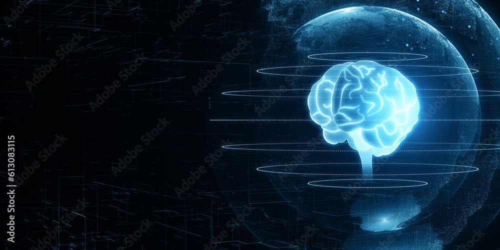 Digital brain illustration on dark blue background, artificial intelligence and machine learning tec