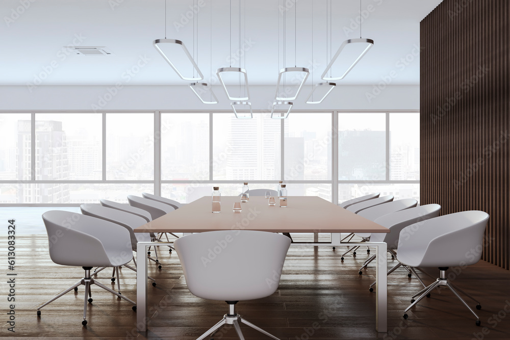 Modern empty concrete and wooden meeting room interior with panoramic window and city view, furnitur