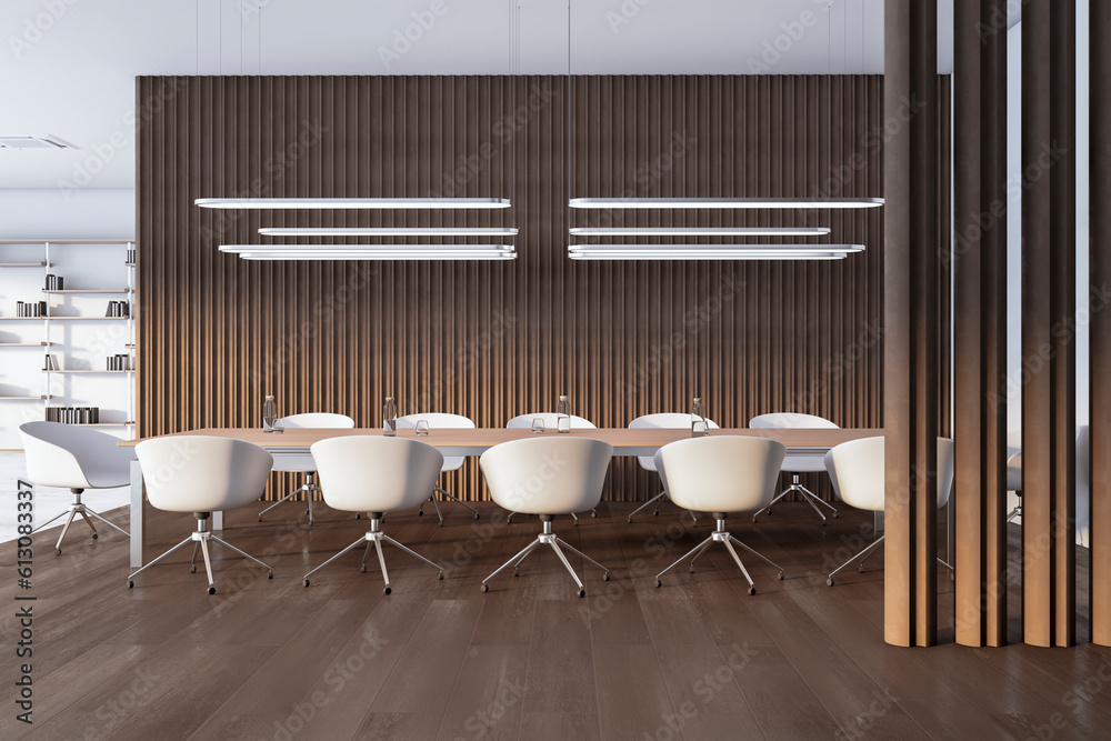 Contemporary empty concrete and wooden meeting room interior with furniture and other objects. 3D Re