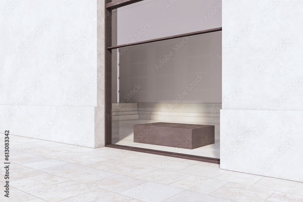 Modern glass showcase in concrete building exterior. Shop and retail concept. 3D Rendering.