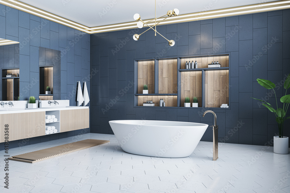 Modern blue tile luxury bathroom interior with bath tub, shelves and decorative items. 3D Rendering.