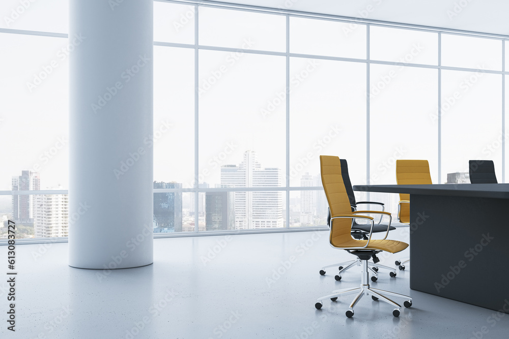 Bright concrete meeting room interior with colorful chairs, desk and panoramic window with city view