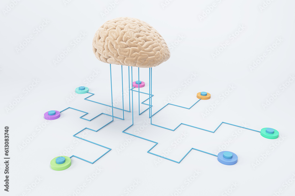 Neurological innovation development concept and science concept with human brain layout connected to