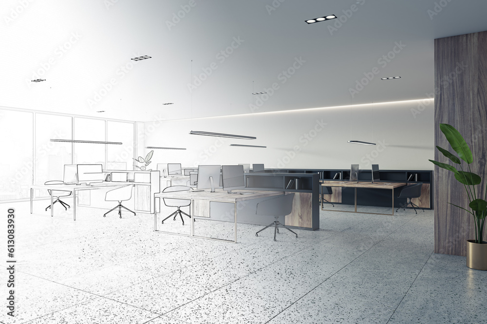 Unfinished office interior design project. 3D Rendering