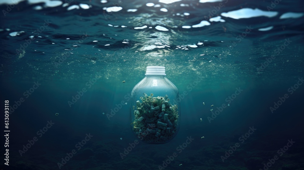 Old plastic bottle in ocean. environmental protection concept. Generetive AI