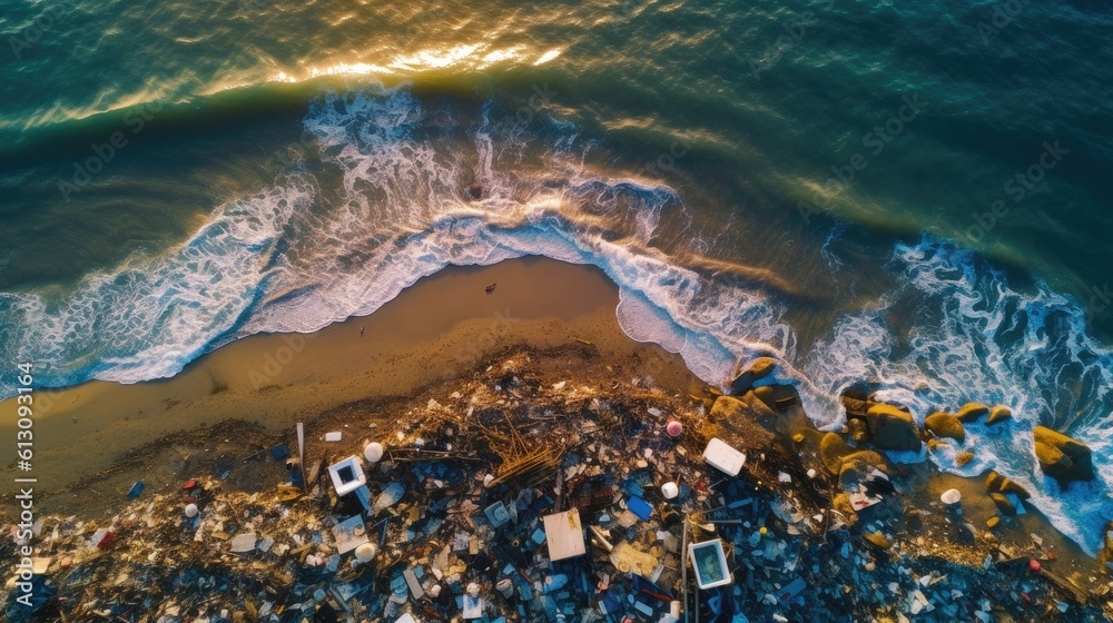 Aerial view of Spilled garbage on beach of ocean. environmental protection concept. Generetive AI