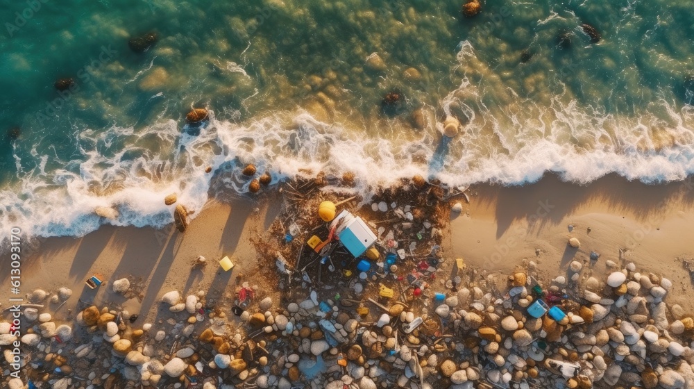 Aerial view of Spilled garbage on beach of ocean. environmental protection concept. Generetive AI