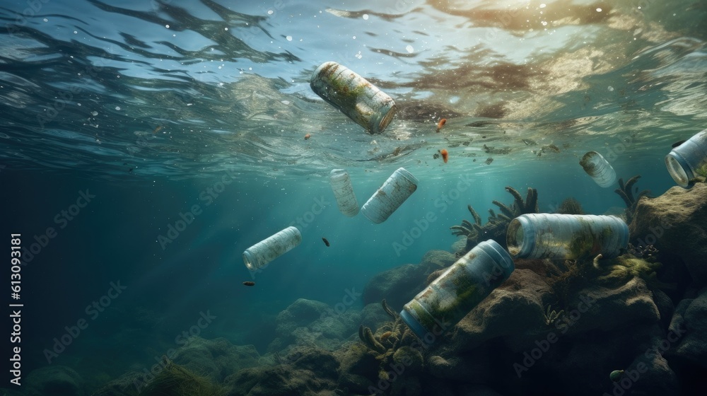 A lot of Plastic water bottles pollution in ocean. environmental protection concept. Generetive AI.