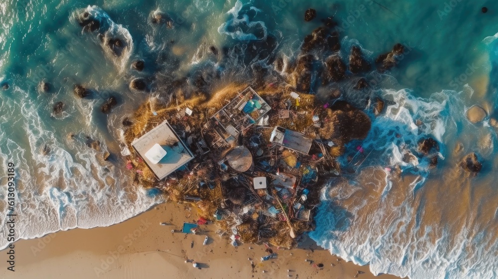 Aerial view of Spilled garbage on beach of ocean. environmental protection concept. Generetive AI