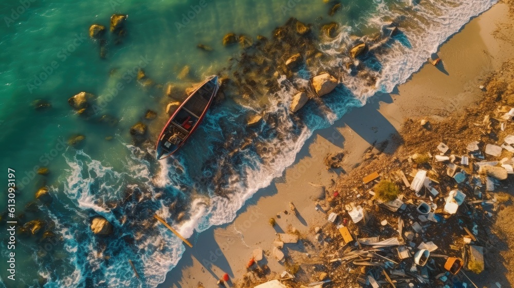 Aerial view of Spilled garbage on beach of ocean. environmental protection concept. Generetive AI