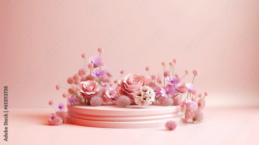 Podium with pink roses on pastel pink background to display products, gift or cosmetics. Generative 