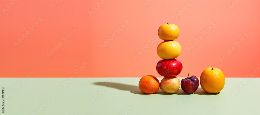 Equilibrium food balance diet concept. Balancing pyramid or tower of fruits. Generative AI