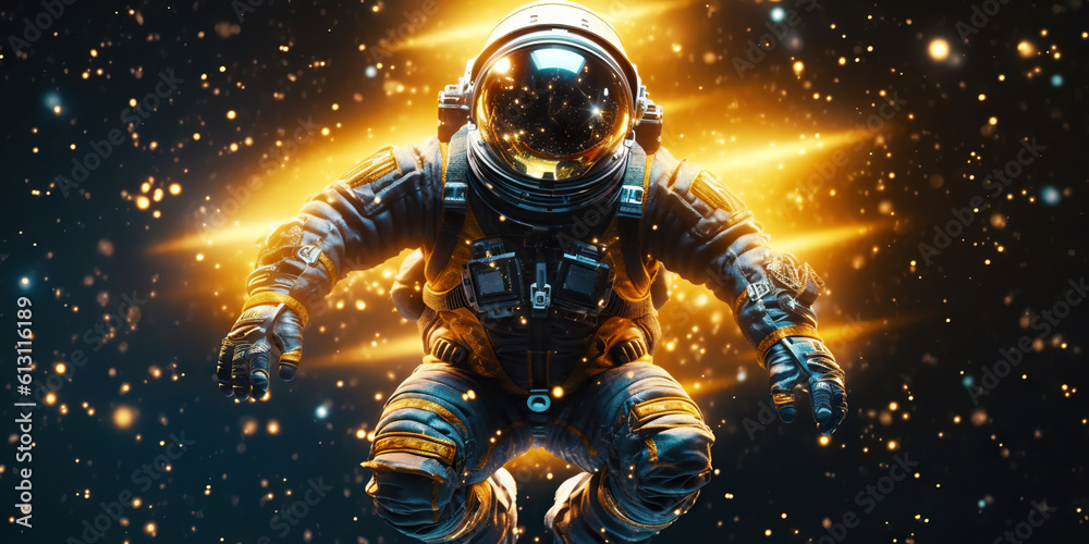 Portrait of astronaut floating in space with a asteroids, space rocks, burning sparks on backdrop. G