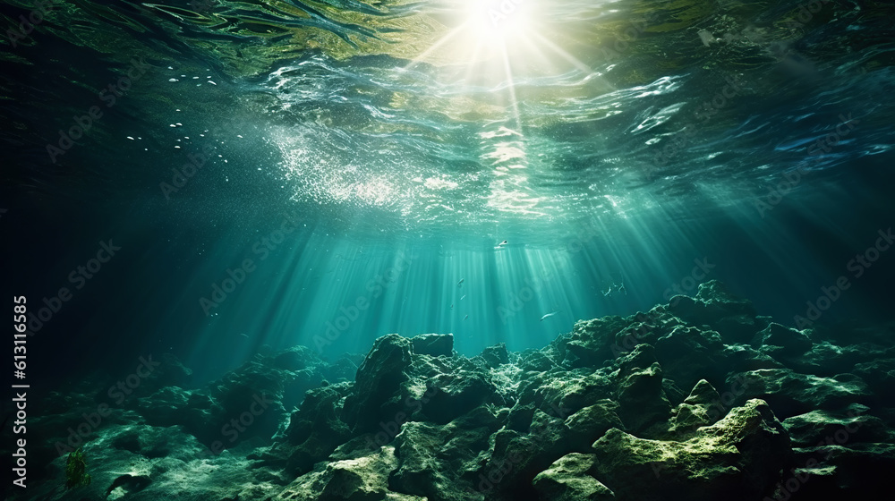 Underwater sunlight through the water surface seen from a rocky seabed with algae. Generative AI