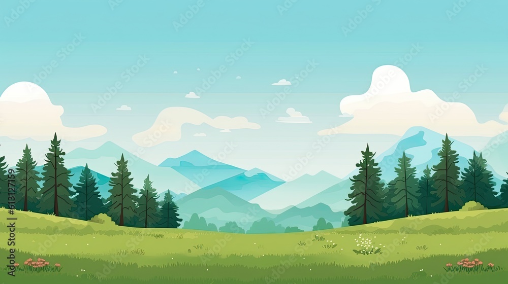 Landscape with mountains and forest. Cartoon style