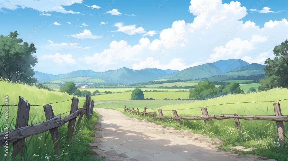 Beautiful summer landscape with green meadows, mountains and blue sky