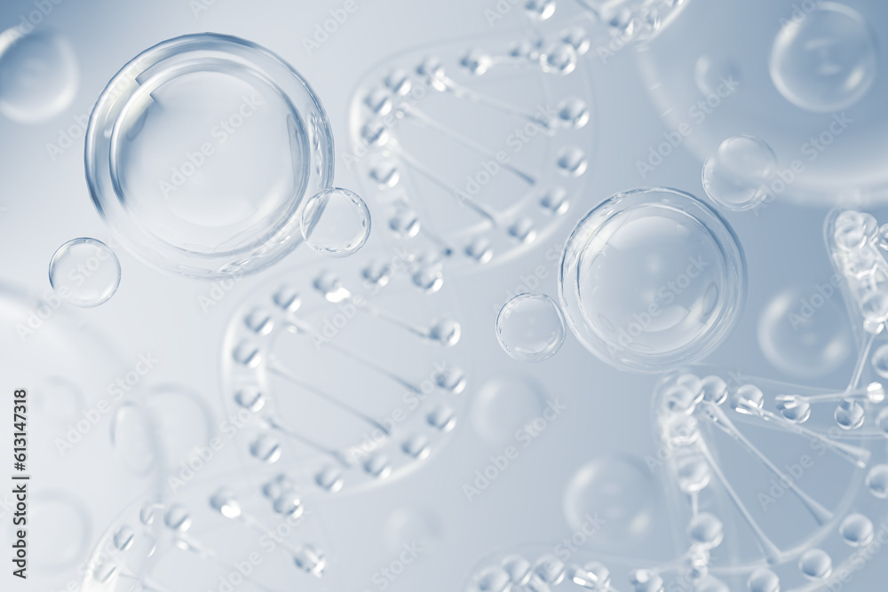 Cosmetic Essence, Liquid bubble, Molecule inside Liquid Bubble on DNA water splash background, 3d re