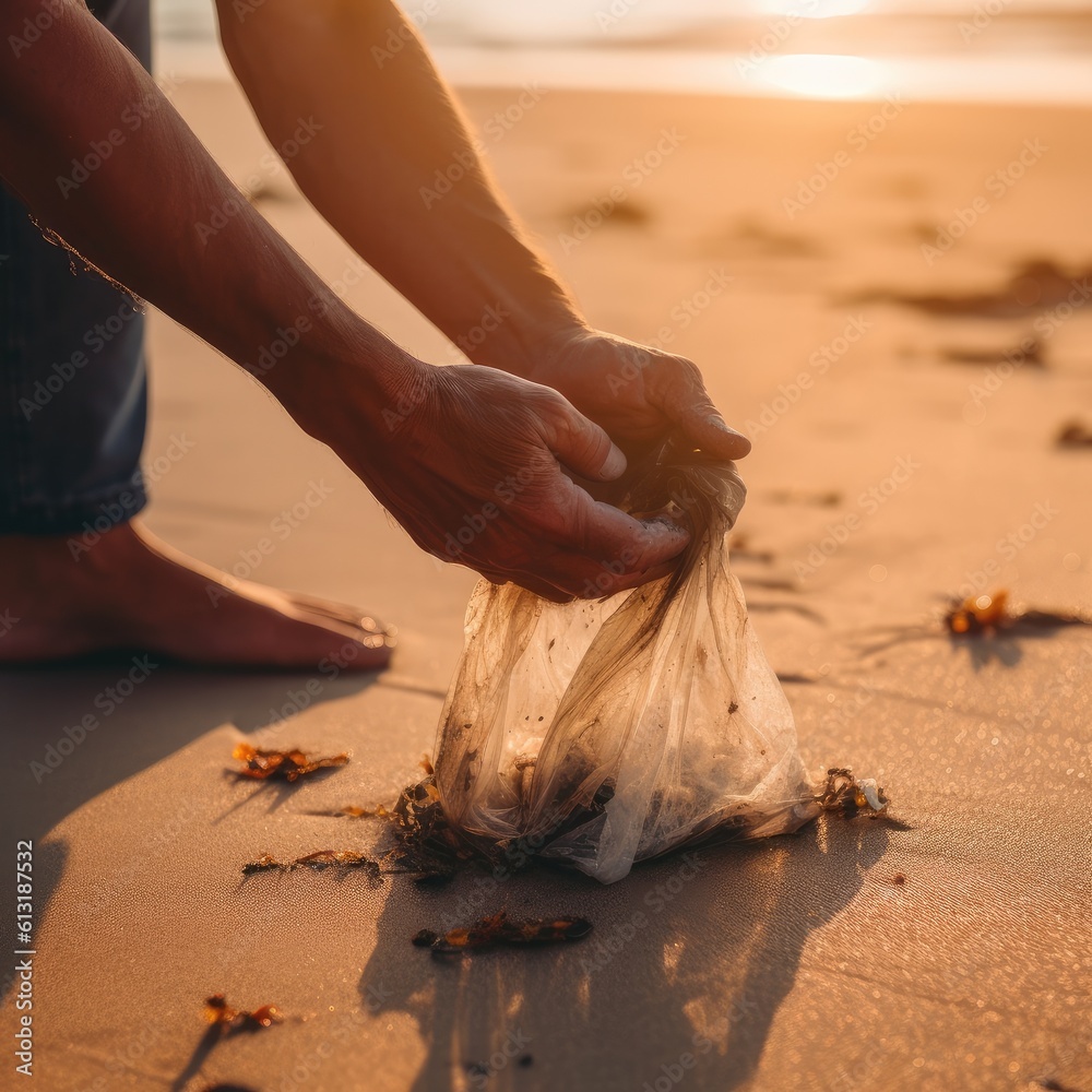 Close up hand of a man collecting garbage on the beach, Concept of cleaning up and respecting the en