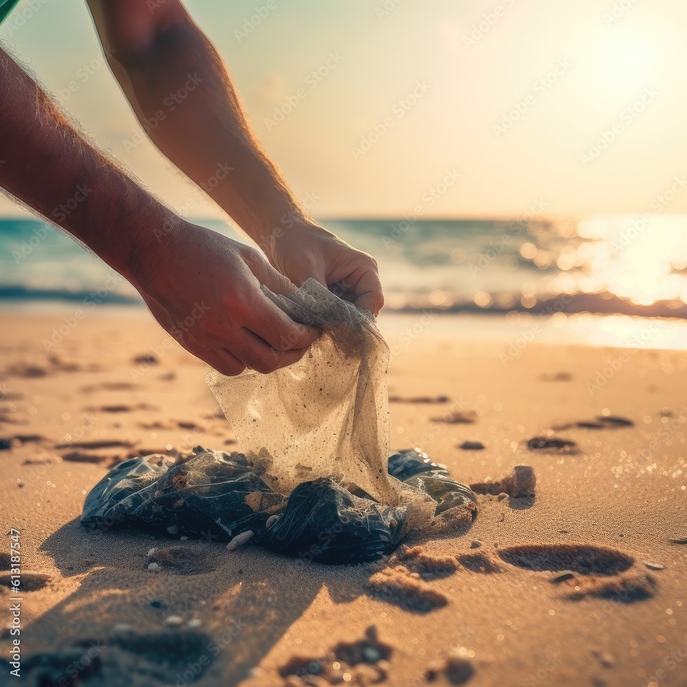 Hand of a man volunteer grabbing rubbish picked up on beach, Sustainability concept.