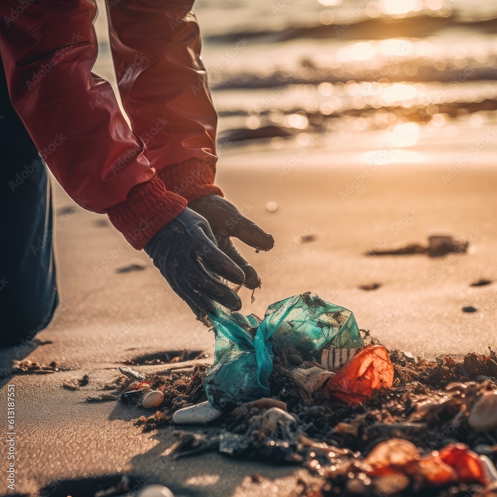 Hand grabbing plastic bags and wrappers on beach by volunteer, Concept of cleaning up and respecting