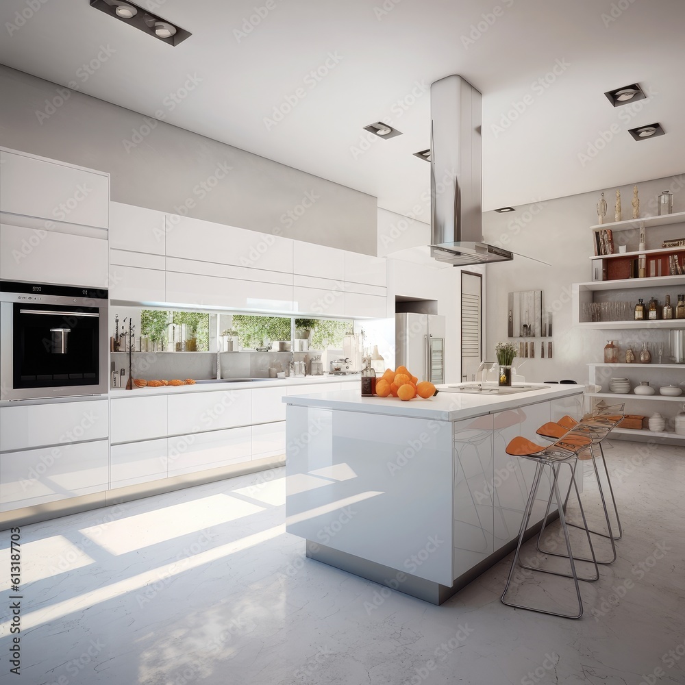 Modern kitchen white room interior, Fridge placed near kitchen counter with white cabinets and moder