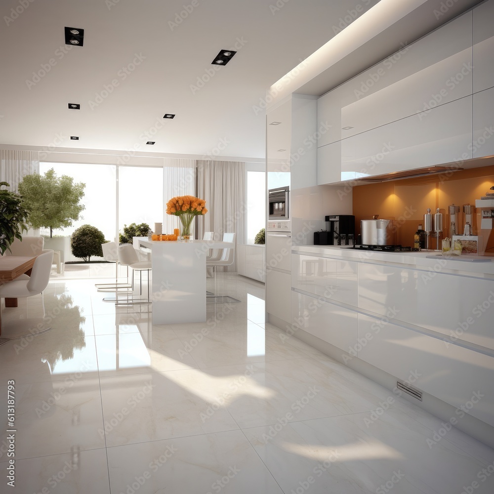 Modern kitchen white room interior, Fridge placed near kitchen counter with white cabinets and moder