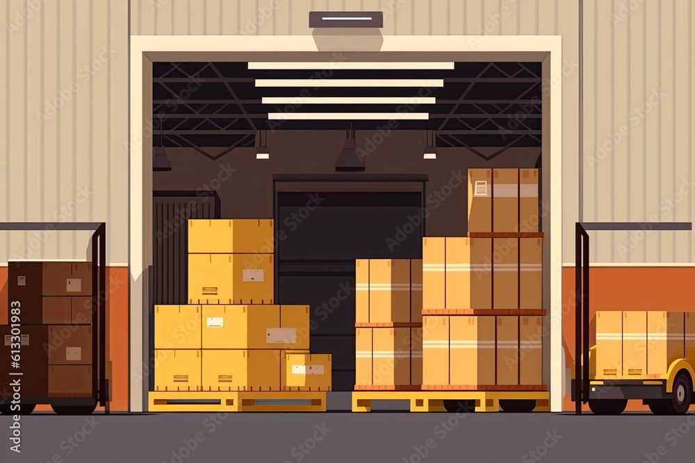 cluttered warehouse filled with stacked boxes and crates. Generative AI