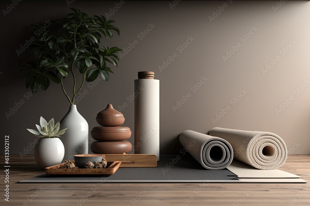 yoga essentials arranged on a rustic wooden floor. Generative AI