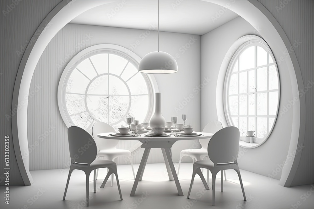 Minimalistic White Room with a Circular Window and a Table. Generative AI