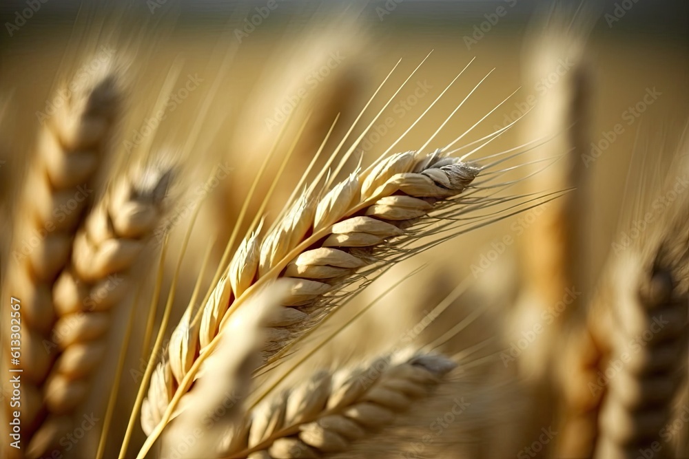 Close-Up View of a Wheat Plant in a Golden Field. Generative AI