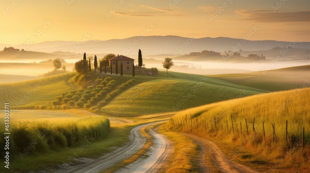 Rolling hills of Tuscany at golden hour, fog.