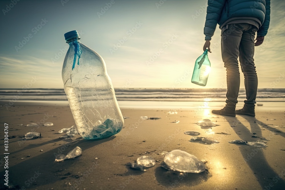 person standing on a sandy beach holding a bottle of water. Generative AI