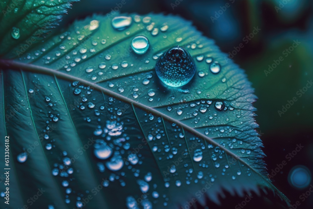 fresh green leaf covered in sparkling water droplets. Generative AI