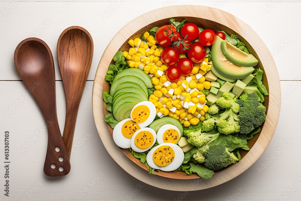 rustic wooden bowl filled with a colorful assortment of fresh vegetables and protein-rich hard boile