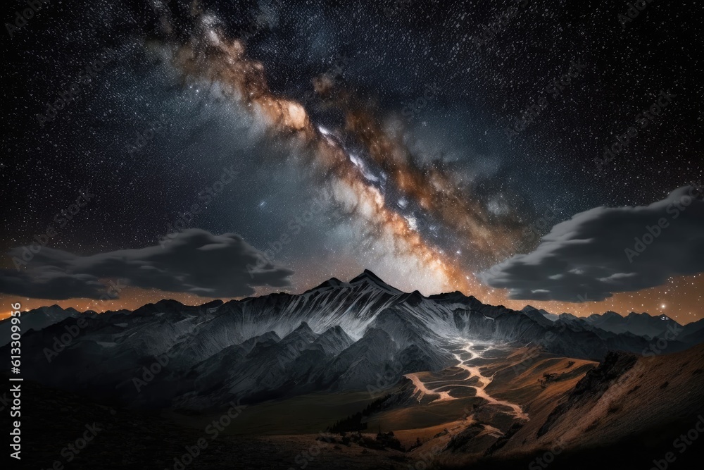 starry night sky over a majestic mountain range. Generative AI