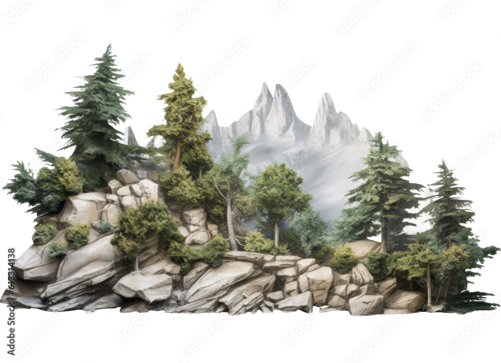 Tree and Rocks Isolated. Illustration AI Generative.