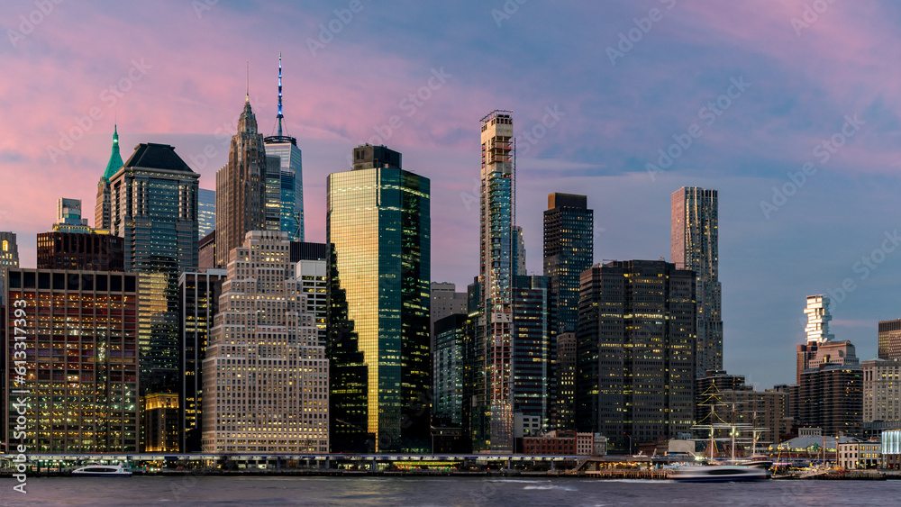 Skyline of lower Manhattan during the twilight, New York