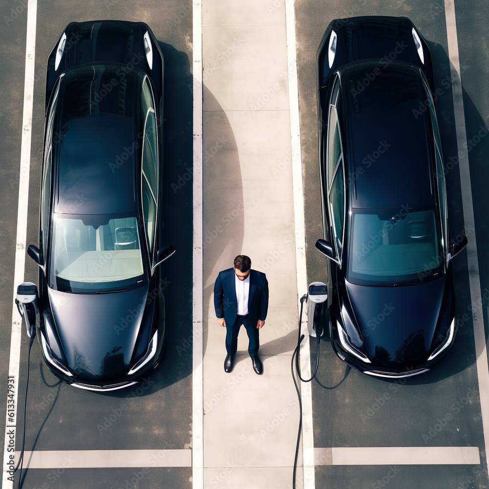 Aerial view of progressive businessman in black formal suit with his electric vehicle recharging bat