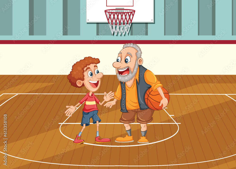 People with different age playing basketball together