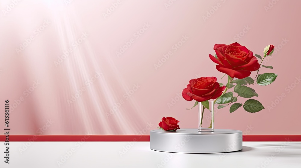 Empty podium for product presentation with beautiful fresh red roses background. Generative Ai.