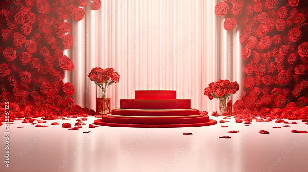 Empty podium for product presentation with beautiful fresh red roses background. Generative Ai.