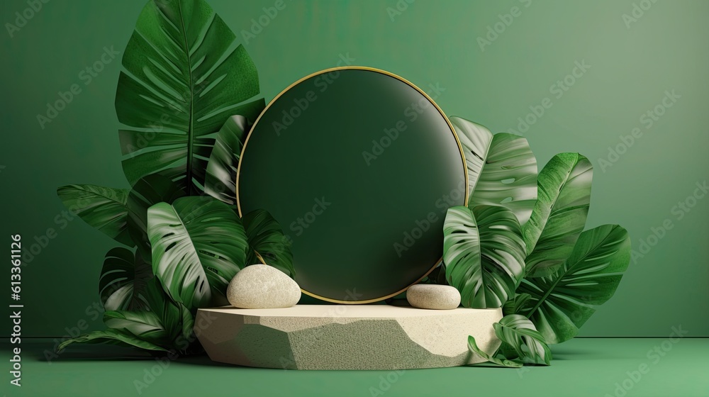 Empty podium green products with stones and tropical leaves. Generative Ai.