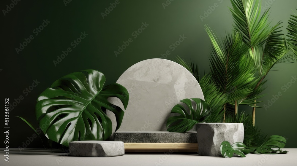 Empty podium green products with stones and tropical leaves. Generative Ai.