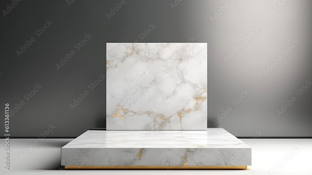 Empty podium of Clean white marble display stand for luxury product advertising. Generative Ai