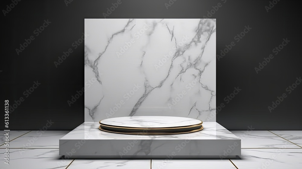 Empty podium of Clean white marble display stand for luxury product advertising. Generative Ai