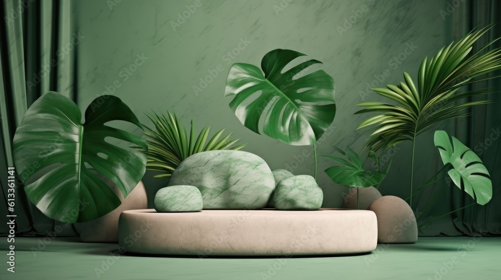 Empty podium green products with stones and tropical leaves. Generative Ai.