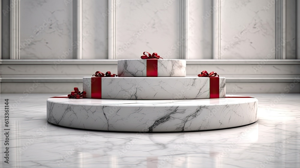 Empty podium of Marble Christmas Podium For Merchandise And Stock Display. Generative Ai